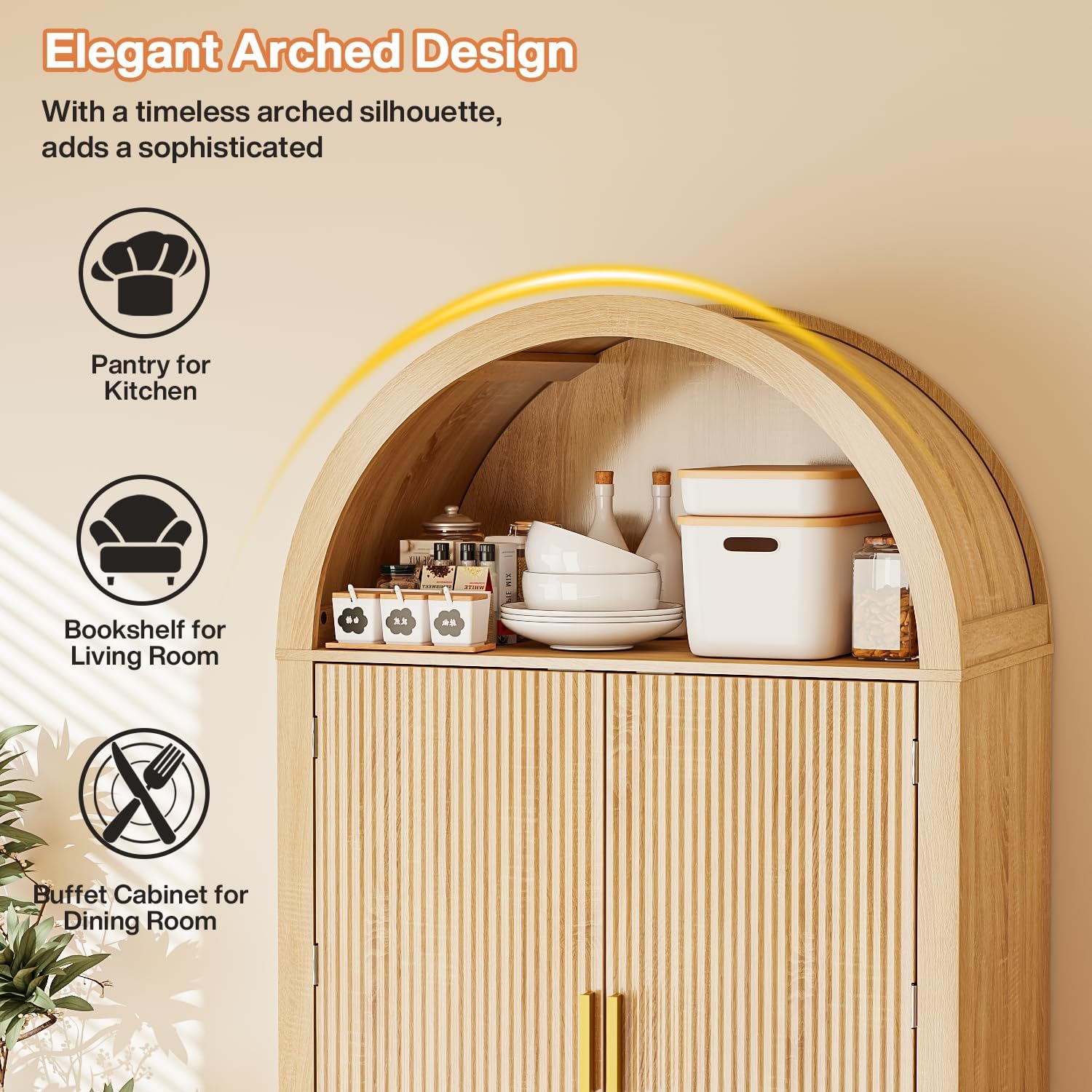 PRETZI 71" Arched Cabinet with Doors, Tall Arched Kitchen Pantry Storage Cabinet and Adjustable Shelves, Modern Fluted Natural Wood Cupboard for Kitchen, Dining Room, Bathroom