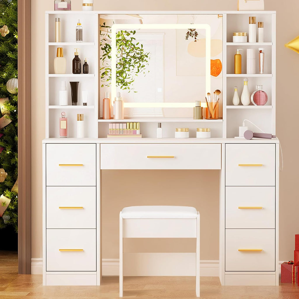 ANWBROAD 39.4" White Vanity Desk with Lighted Mirror & Adjustable Lights | Girls Makeup Vanity Set with Charging Station,Cushioned Stool, 7 Drawers,6 Shelves, Dressing Table for Bedroom Dressing Room
