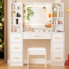 ANWBROAD 39.4" White Vanity Desk with Lighted Mirror & Adjustable Lights | Girls Makeup Vanity Set with Charging Station,Cushioned Stool, 7 Drawers,6 Shelves, Dressing Table for Bedroom Dressing Room