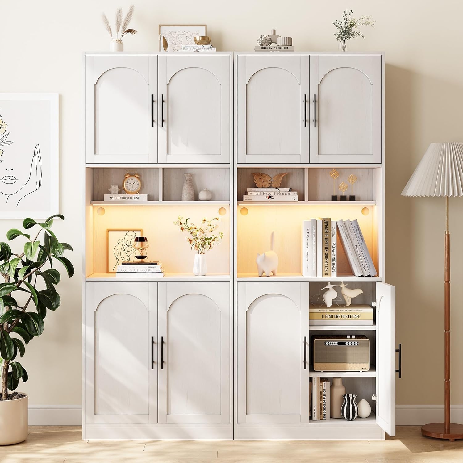 GarveeHome 71" Tall Pantry Cabinet with Countertop, Kitchen Cabinets with LED Light Strip & Microwave Shelf, Kitchen Hutch Storage Cabinet with Adjustable Shelves for Dining Room, White