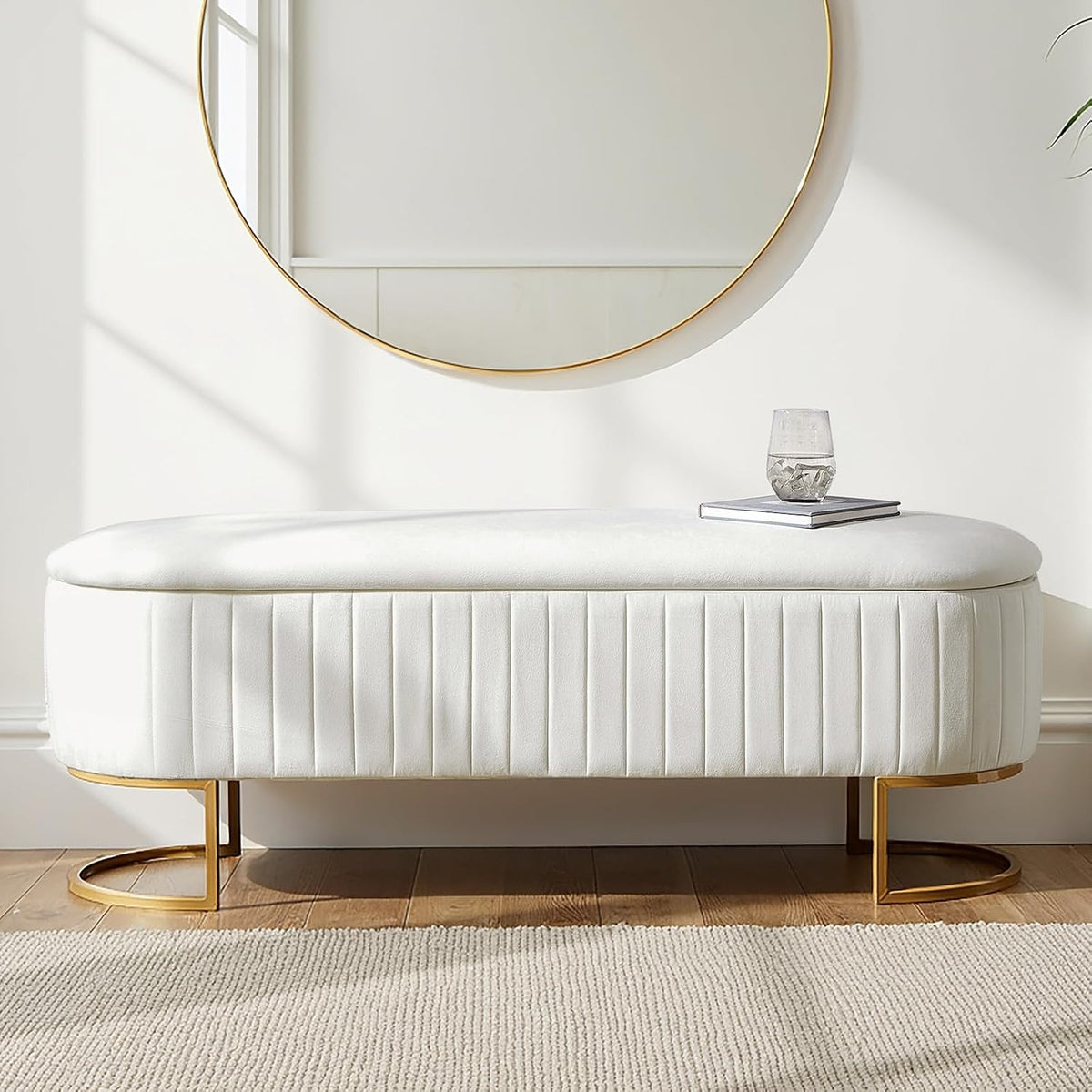 50.5” Velvet Storage Ottoman Bench with Gold-Toned Legs, Luxury Upholstered End of Bed Multi-Functional Footrest & Seat for Bedroom & Entryway
