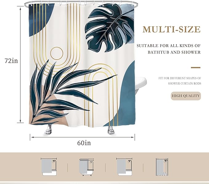 Glawry Boho Navy Blue Shower Curtain Mid Century Abstract Tropical Palm Leaf Modern Minimalist Plant Botanical Bathroom Geometric 60Wx72L Inches Bath Accessories Art Home Decor Fabric 12 Pack Hooks