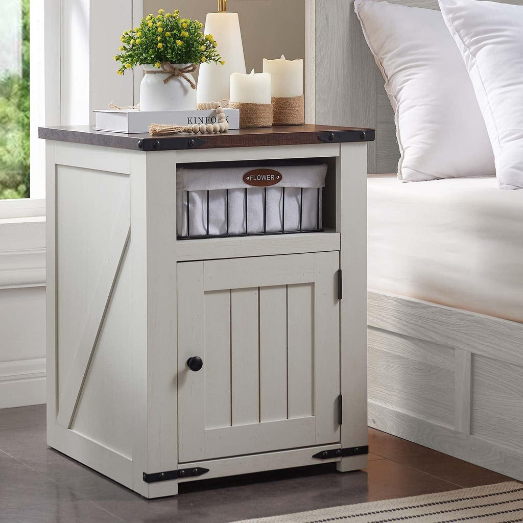 Farmhouse Night Stands Set of 2, 20" End Table w/Charging Station, Rustic Wood Bedside Table w/Groove Barn Door, Side Table with Storage w/Open & Adjustable Shelf for Bedroom, Living Room (White)
