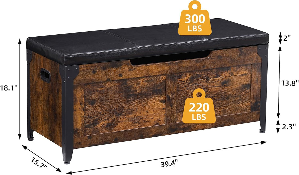 GAOMON Storage Chest, Wooden Storage Trunk with Metal Frame, Entryway Shoes Bench with Cushion, Large Storage Organizer, 39.4" Lift-Top Storage Chest with 2 Hinges for Bedroom, Living room