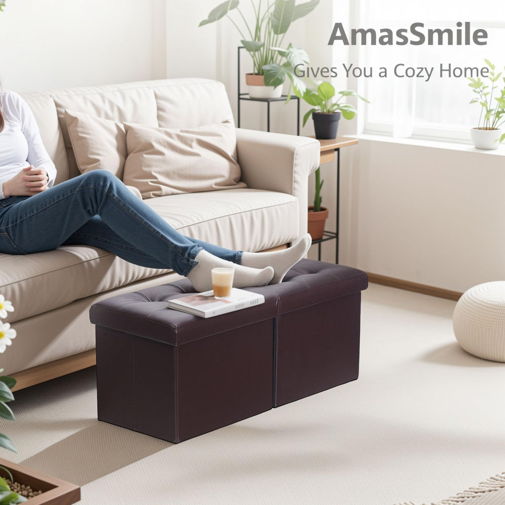 AmasSmile Footrest Ottoman Storage Bench,34" Leather Folding Chest,Brown | Large Ottoman with Storage,Thicker Foam Padded Seat,Livingroom,Dorm,Bedroom,Entryway,Easy to install,34 x 13 x 13in