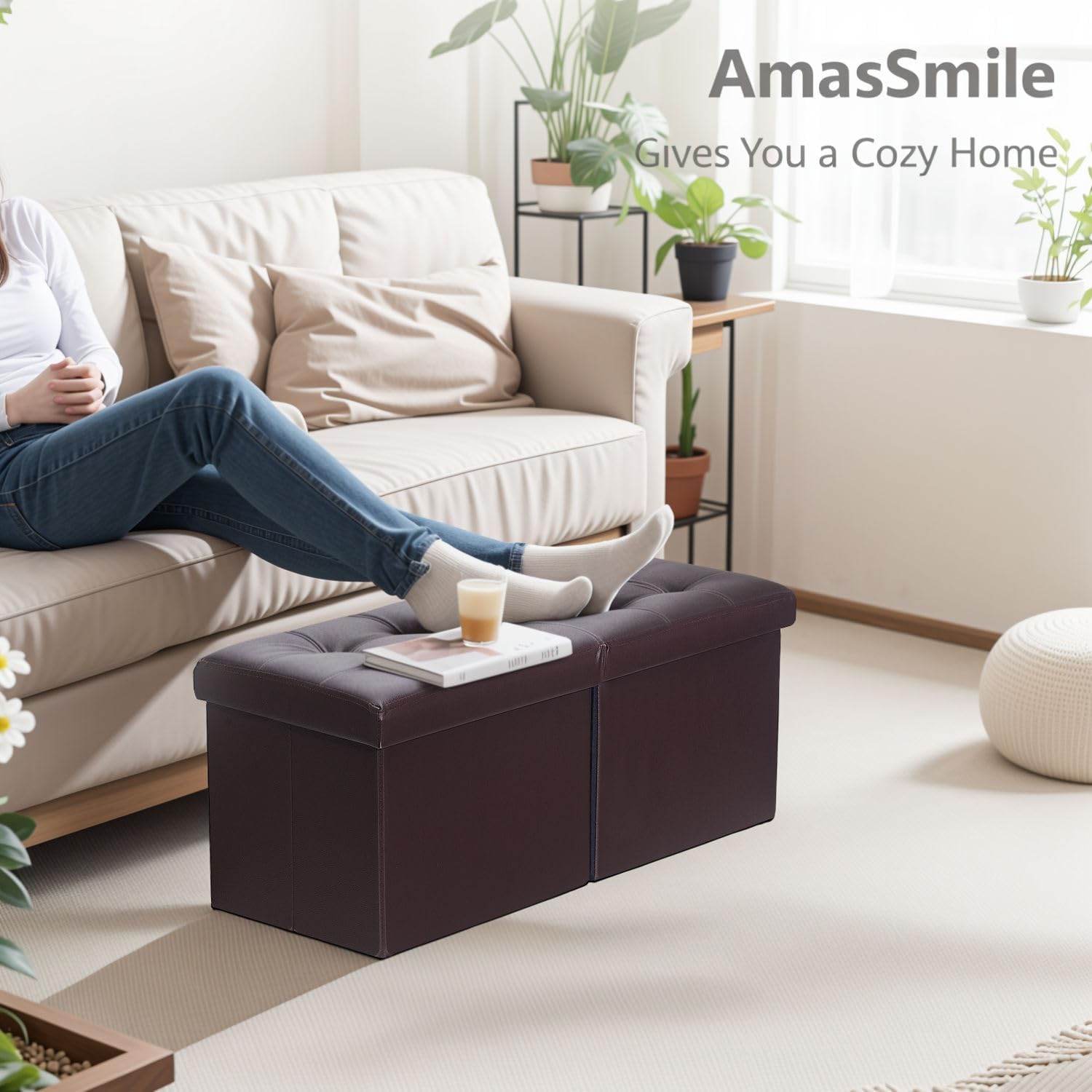 AmasSmile Footrest Ottoman Storage Bench,34" Leather Folding Chest,Brown | Large Ottoman with Storage,Thicker Foam Padded Seat,Livingroom,Dorm,Bedroom,Entryway,Easy to install,34 x 13 x 13in