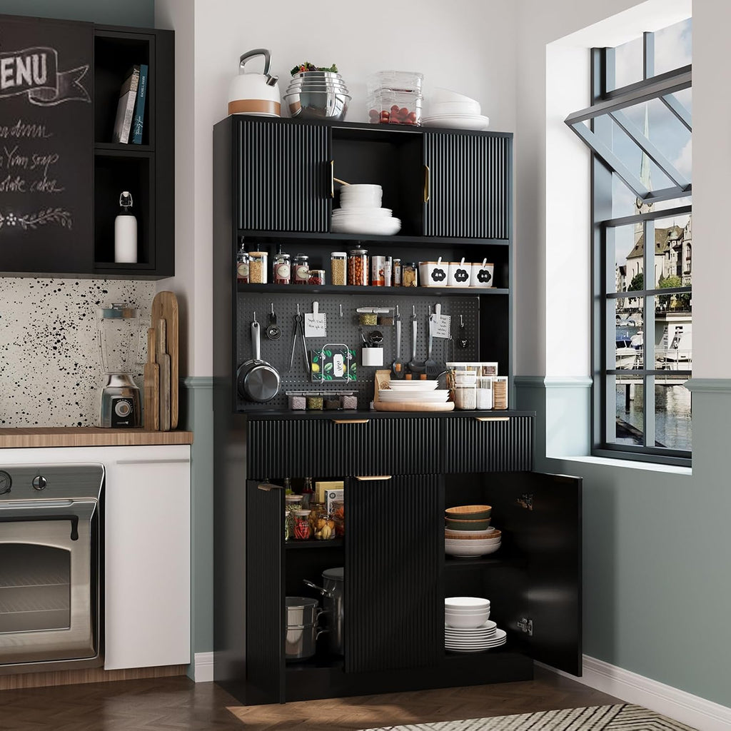 73" Tall Modern Kitchen Pantry Cabinet, Kitchen Hutch Bar Cabinet with Charging Station & DIY Pegboard, Wooden Storage Cabinets with Fluted Doors & Microwave Stand, Cupboard for Dining Room, Black