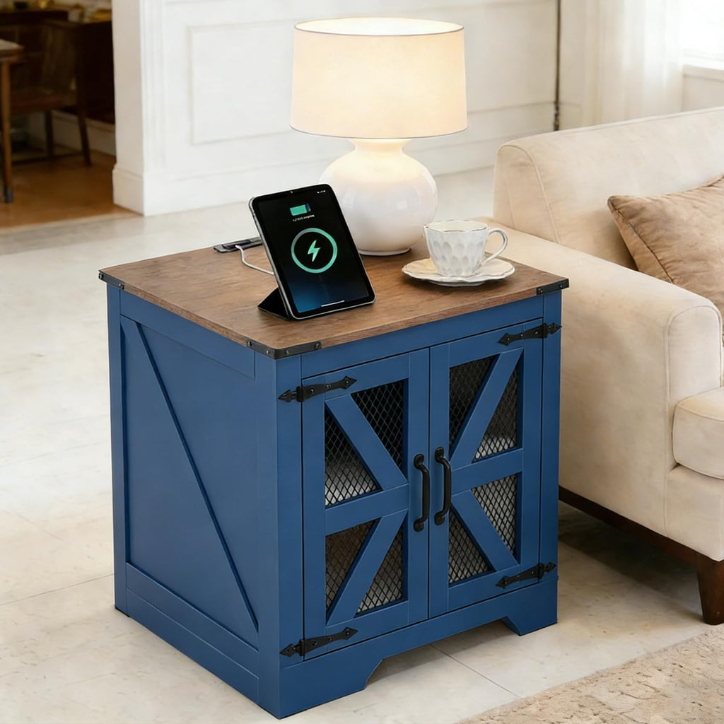 Farmhouse Coffee Table and End Table Sets of 3, 3 Piece Living Room Tables Set with Charging Station, Lift Top Coffees and 2 Large Side, Wood Furniture Sets with Storage, Blue