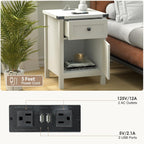 Farmhouse Nightstand with Charging Station, White Side Table, Rustic End Table with Barn Door and Drawer, Rustic Floating Nightstands Modern Bed Side Table Night Stand for Bedroom and Living Room