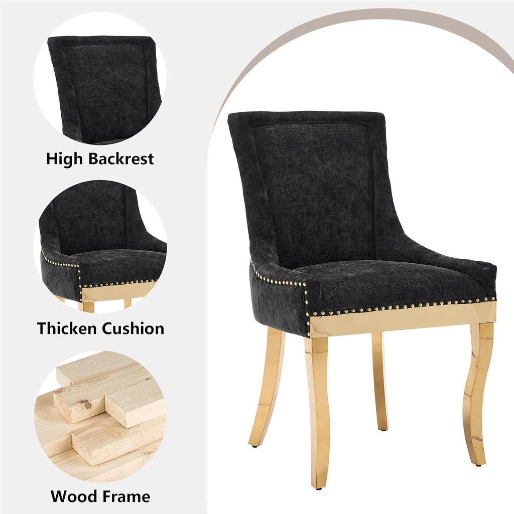 Luxury Fabirc Upholstered Dining Chairs Set of 2,Neutral Chenille Kitchen Room Chair with Nailhead Trim,Modern Padded Side Chairs for Dining Room,Living Room,Bar (Black-Gold, Set of 2)