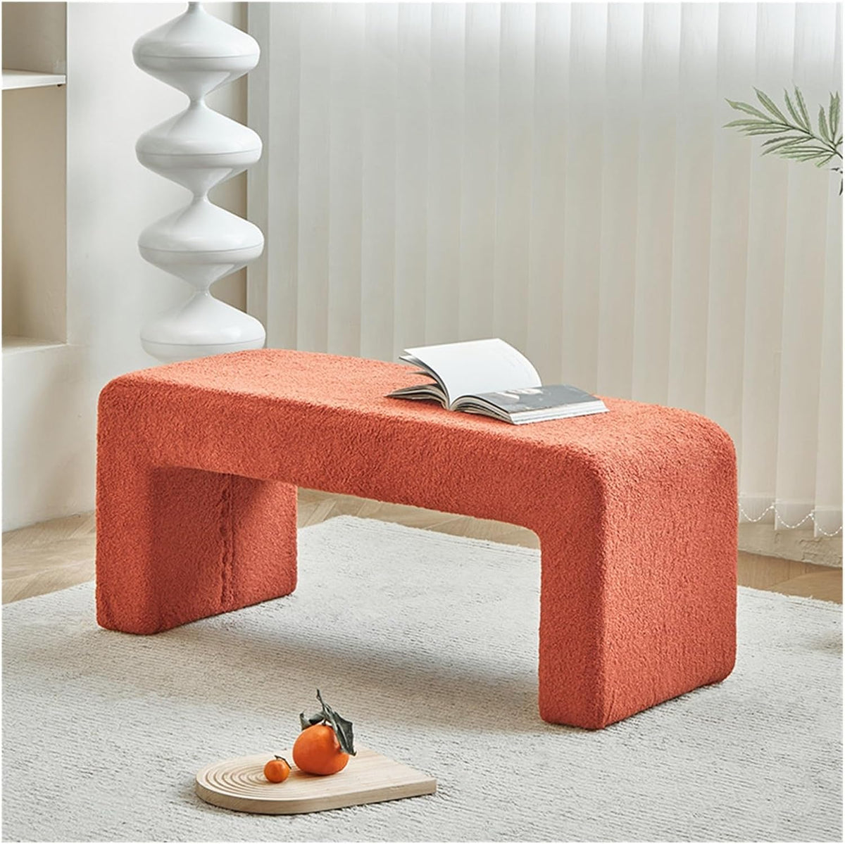 Modern Upholstered Entryway Bench, End of Bed for Bedroom Boucle Ottoman Modern Shoe for Living Room Entryway(Orange,150 * 40 * 45cm)