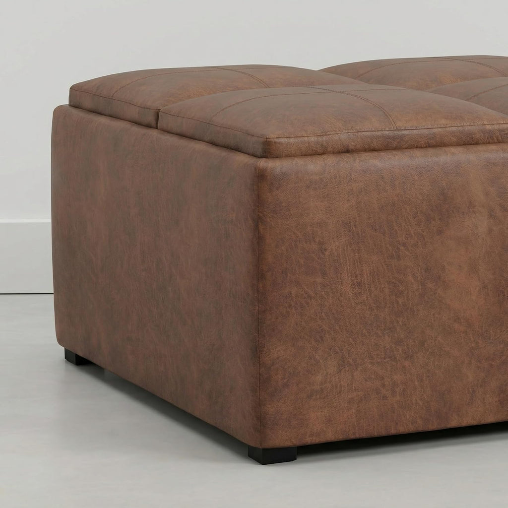 SIMPLIHOME Avalon Coffee Table Storage Ottoman - 35 inch Wide Upholstered Vegan Leather Square Storage Ottoman in Distressed Pecan Brown, Contemporary Ottoman for Living Room with Serving Trays