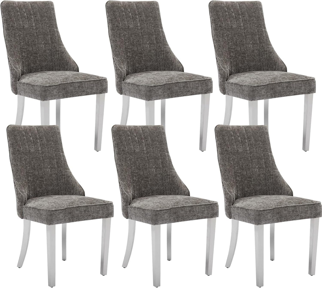 Shenyon Grey Dining Chairs Set of 6，Chenille Fabric Upholstered Dining Chairs with Silver Stainless Steel Legs, Modern Kitchen Chairs for Dining Room, Kitchen (Grey)