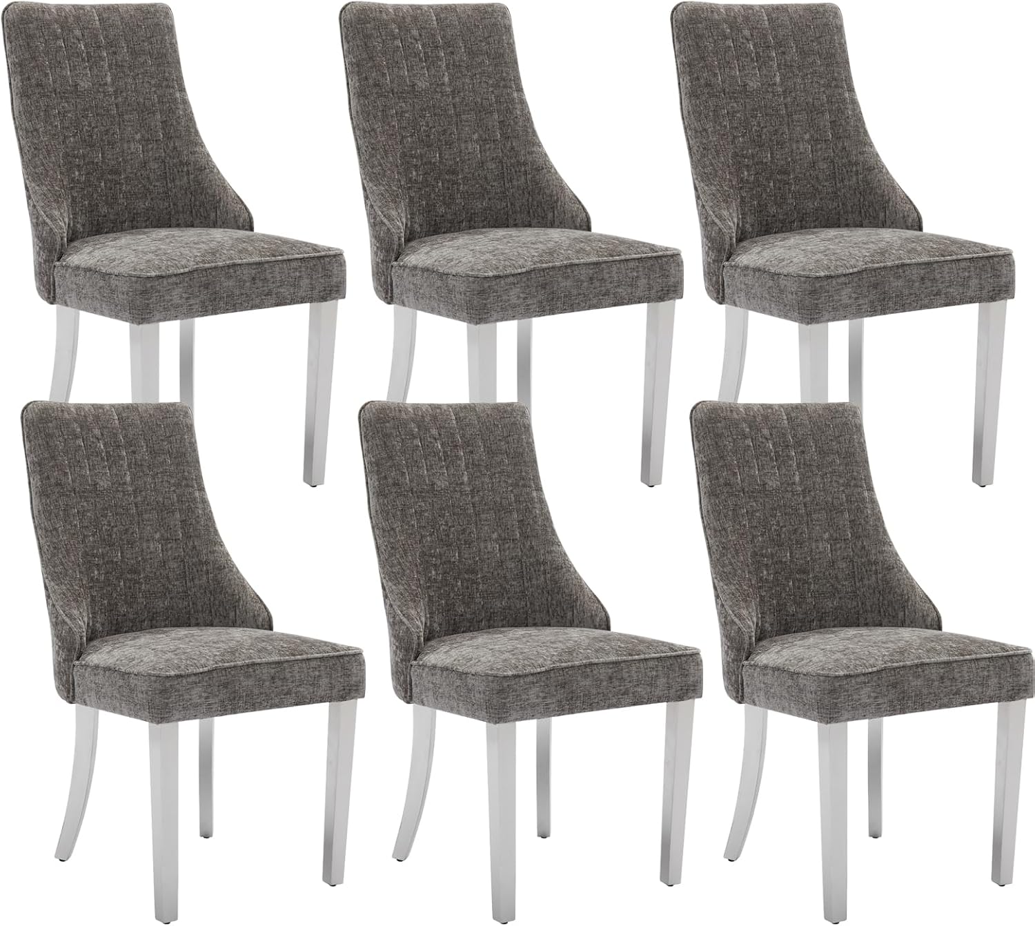 Shenyon Grey Dining Chairs Set of 6，Chenille Fabric Upholstered Dining Chairs with Silver Stainless Steel Legs, Modern Kitchen Chairs for Dining Room, Kitchen (Grey)
