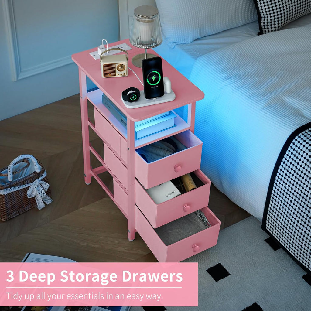 Yoobure End Table with Charging Station, Pink Narrow Nightstand LED Bedside Table, Small Night Stand End Tables Living Room, Skinny Nightstand with 3 Fabric Drawers, Side Table for Small Spaces