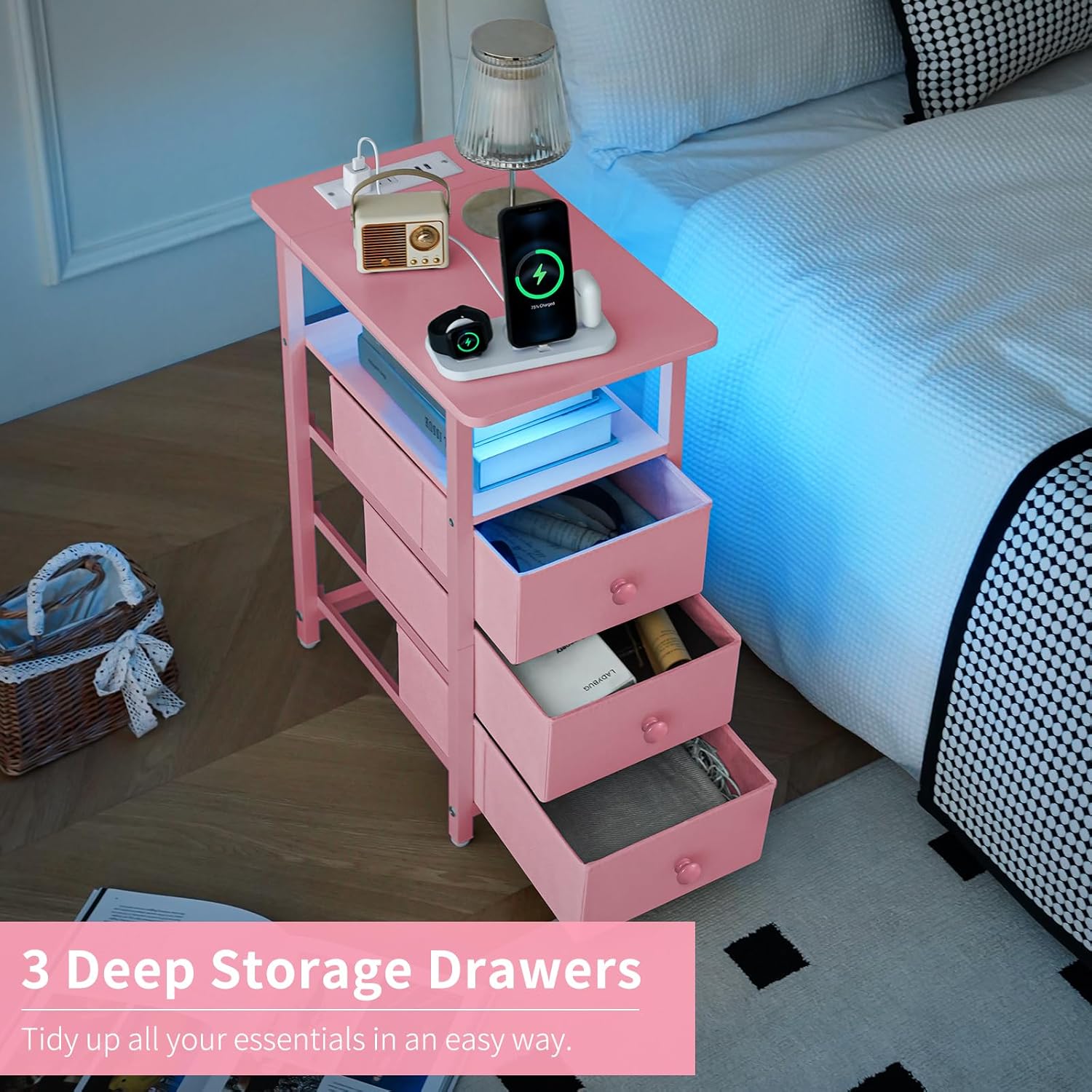 Yoobure End Table with Charging Station, Pink Narrow Nightstand LED Bedside Table, Small Night Stand End Tables Living Room, Skinny Nightstand with 3 Fabric Drawers, Side Table for Small Spaces