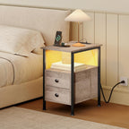 HOOBRO End Table with Charging Station & Led Light, Flip-Top Narrow Side Table with 2 Drawers, Nightstand for Small Spaces, Bedroom, Living Room, Stable and Sturdy, Greige and Black BG436UDBZ01