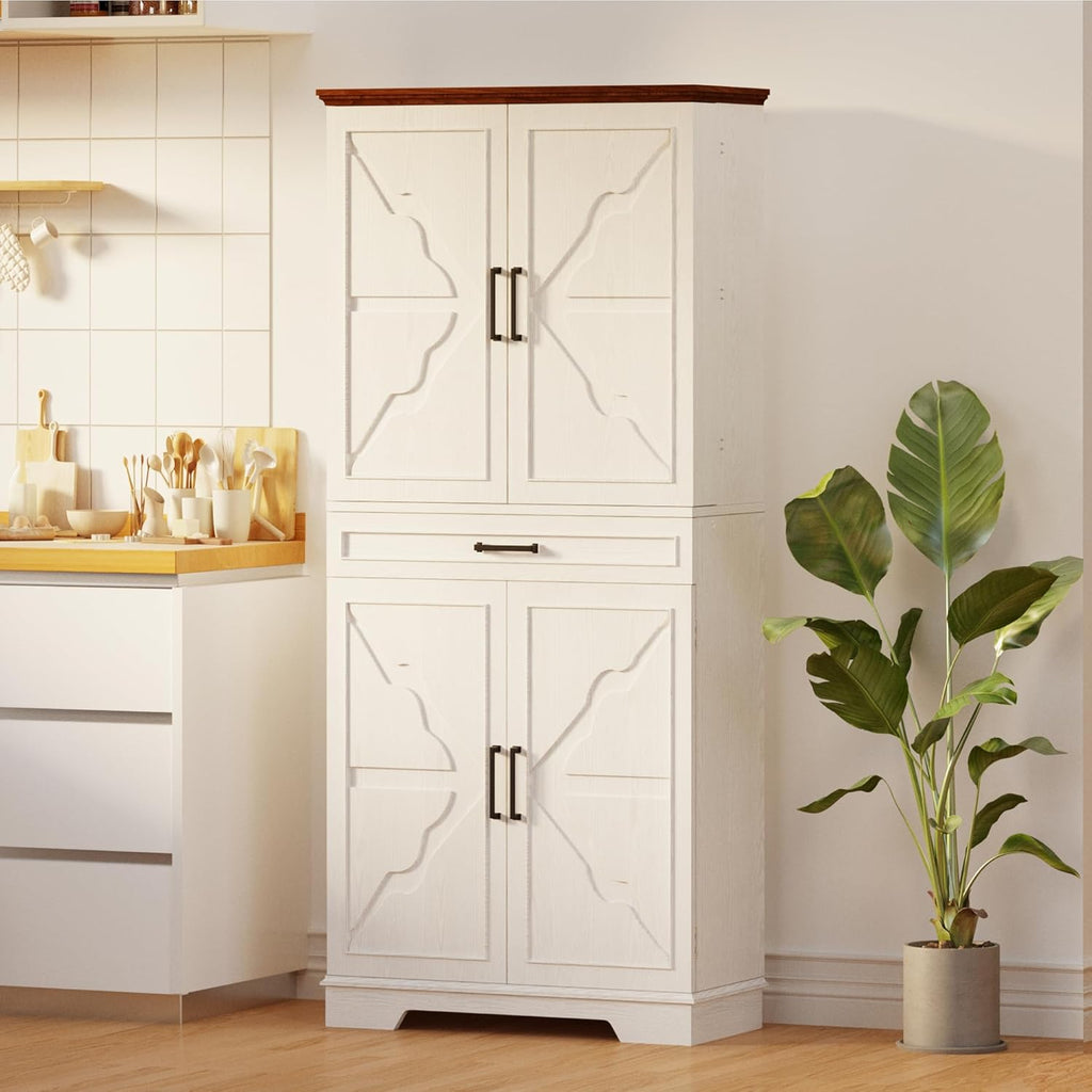 IRONCK Farmhouse Pantry Cabinet, 72" Tall Kitchen Storage Cabinet, Freestanding Cupboard with Sliding Rack & 6 Hanging Shelves,Kitchen Pantry Furniture for Dining Room, Easy Assembly, White