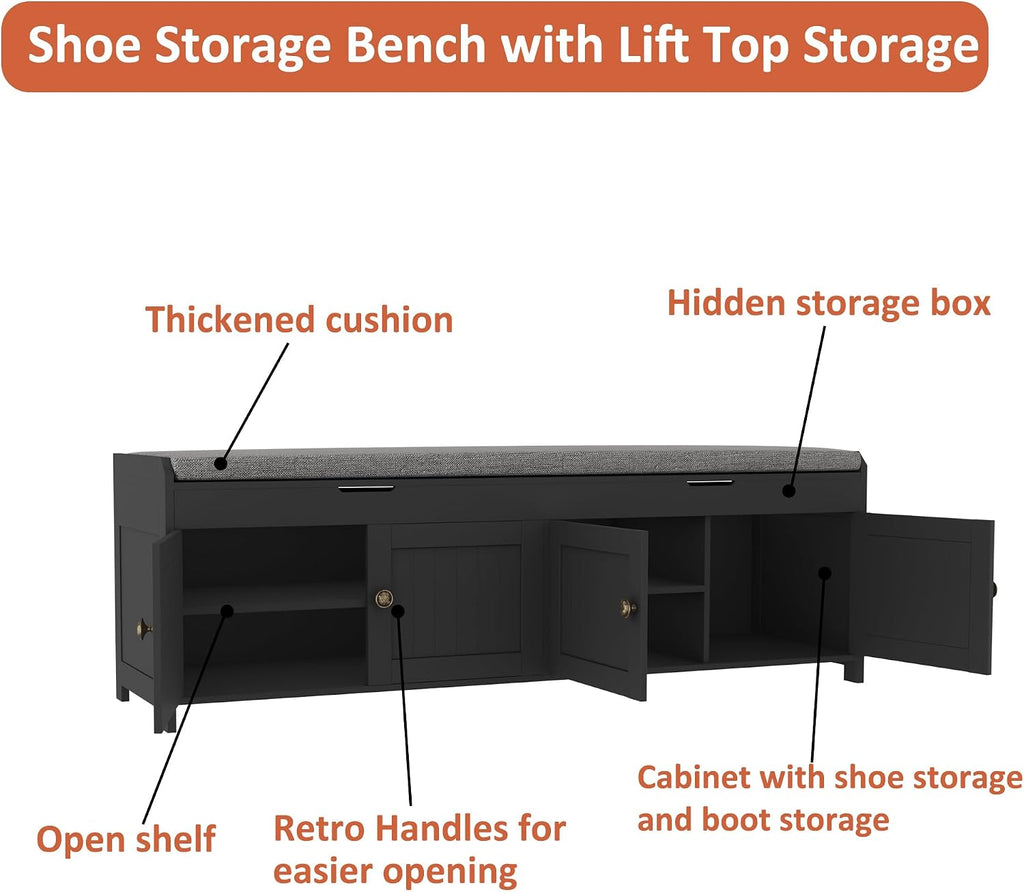 HOMEFORT 54.4" Shoe Bench with Lift Top Storage, Entryway Bench with Cushioned Seat, Wooden End of Bed Bench, Shoe Cabinet Bench with Hidden Storage Space, for Bedroom, Hallway,Black