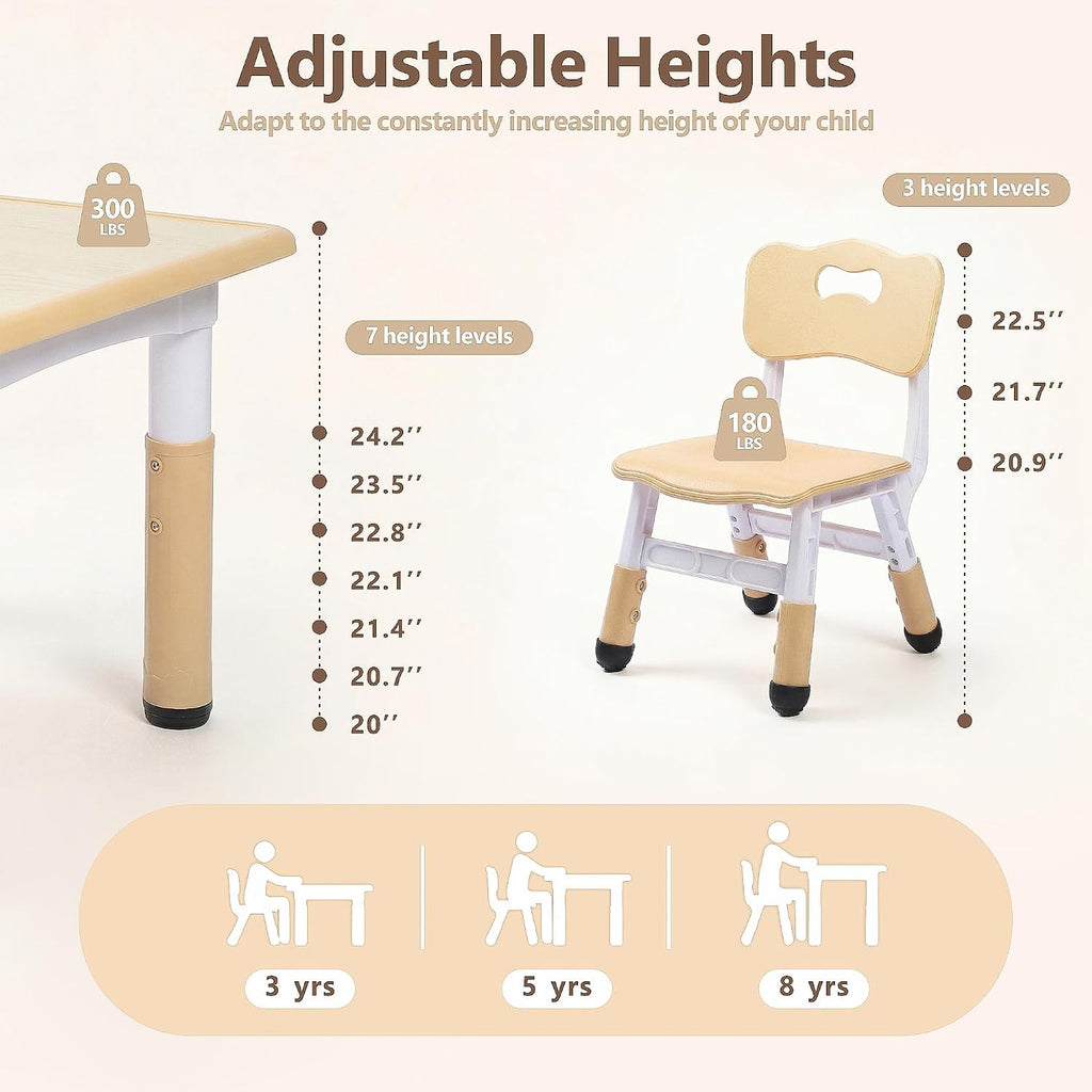 Kinder King Kids Table & 4 Chairs Set, Adjustable Heights, Khaki | Graffiti Tabletop, Children Activity Table, Studying, Drawing, Toddler Furniture Set for Playroom, Daycare, Home, Age 3+