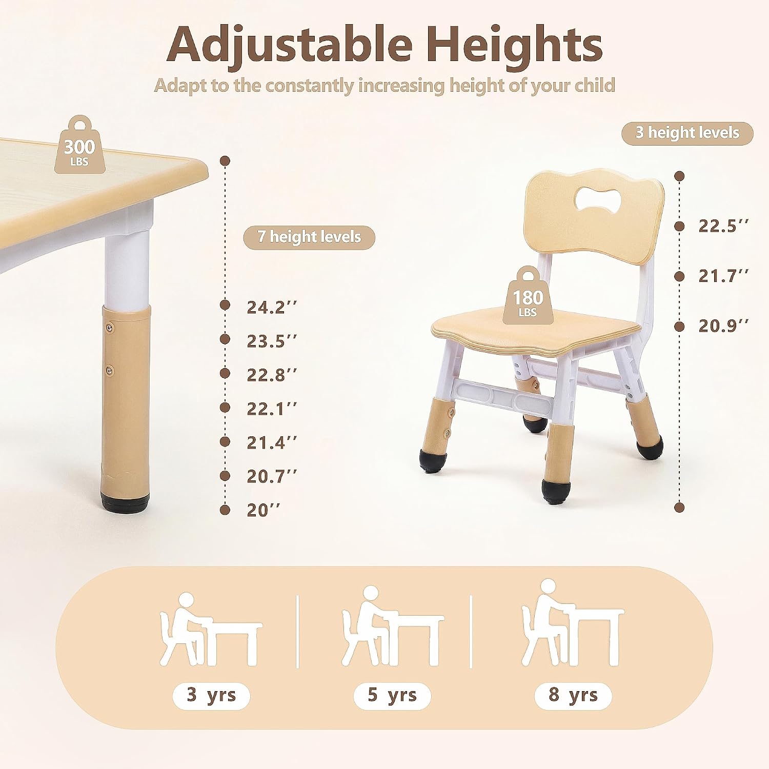 Kinder King Kids Table & 4 Chairs Set, Adjustable Heights, Khaki | Graffiti Tabletop, Children Activity Table, Studying, Drawing, Toddler Furniture Set for Playroom, Daycare, Home, Age 3+