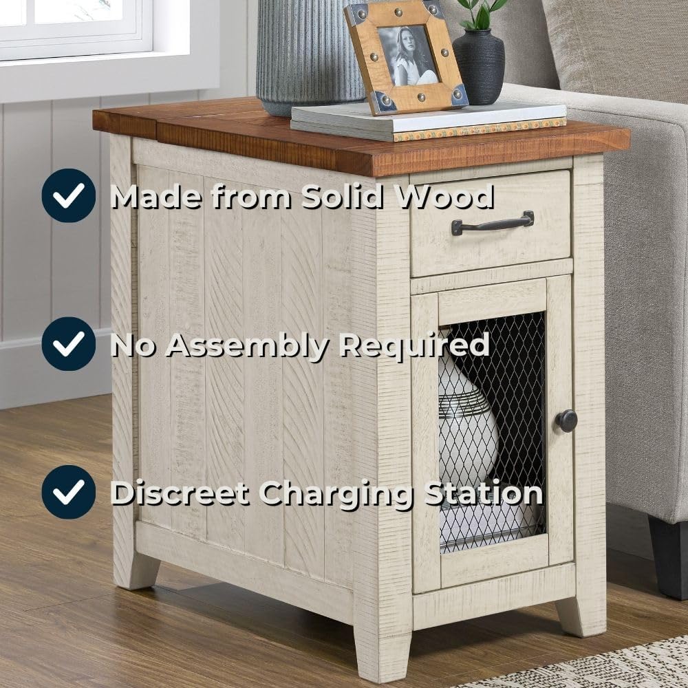 Martin Svensson Home Rustic Solid Wood Chairside End Table, White and Honey | with Power, Cabinet Storage, One Drawer