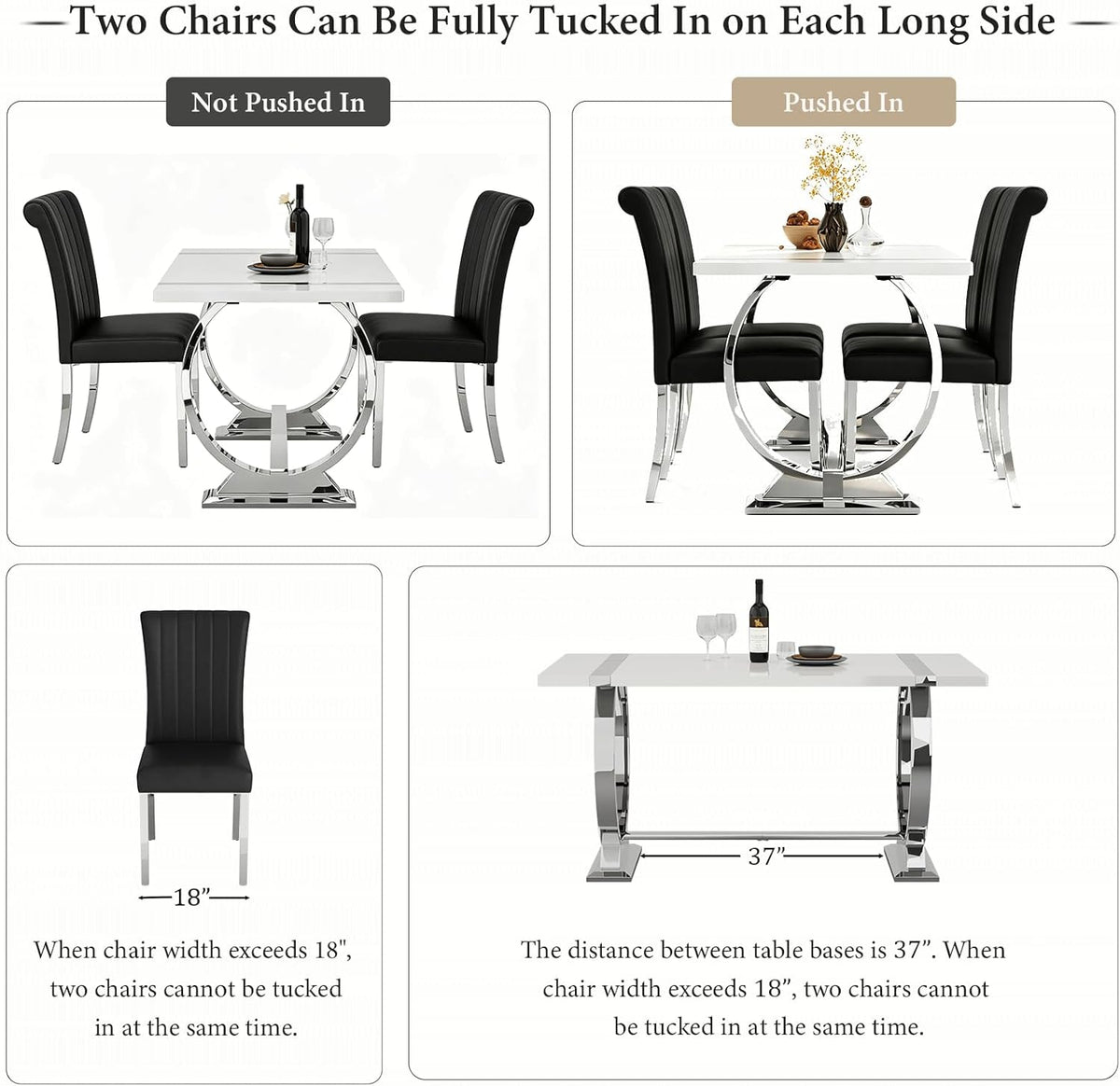 Asday 60" White and Silver Dining Table for 4-6, Modern Rectangle Wood Kitchen Table with Mirrored Chrome U-Shaped Metal Base for Dining Room, Kitchen, Dinner