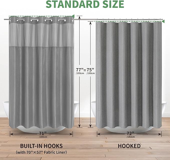 Grey No Hook Shower Curtain with Snap-in Fabric Liner Set,Waffle Weave Shower Curtains for Bathroom,Hotel Luxury Decor Bathroom Curtain Set,Waterproof & Washable,71Wx77H