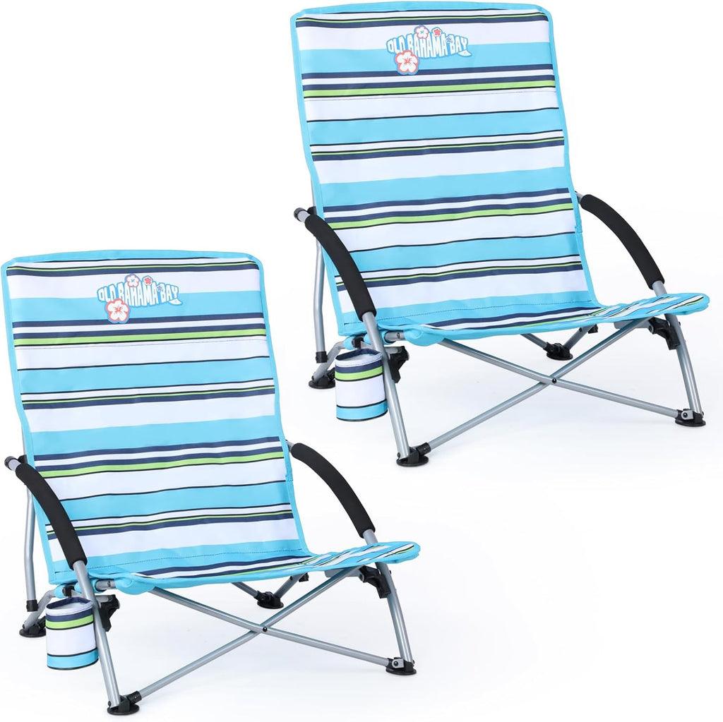 Old Bahama Bay 2 Pack Ergonomic Low Beach Chair for Back Support – Heavy Duty 350lbs Folding Sand Chair, Cup Holder & Carry Bag – Lightweight Portable Seat for Beach, Camping, Concerts,Stripe Design