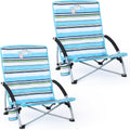 Old Bahama Bay 2 Pack Ergonomic Low Beach Chair for Back Support – Heavy Duty 350lbs Folding Sand Chair, Cup Holder & Carry Bag – Lightweight Portable Seat for Beach, Camping, Concerts,Stripe Design