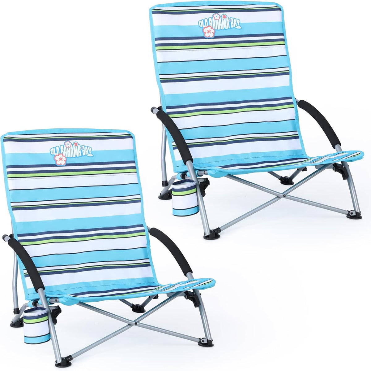 Old Bahama Bay 2 Pack Ergonomic Low Beach Chair for Back Support – Heavy Duty 350lbs Folding Sand Chair, Cup Holder & Carry Bag – Lightweight Portable Seat for Beach, Camping, Concerts,Stripe Design