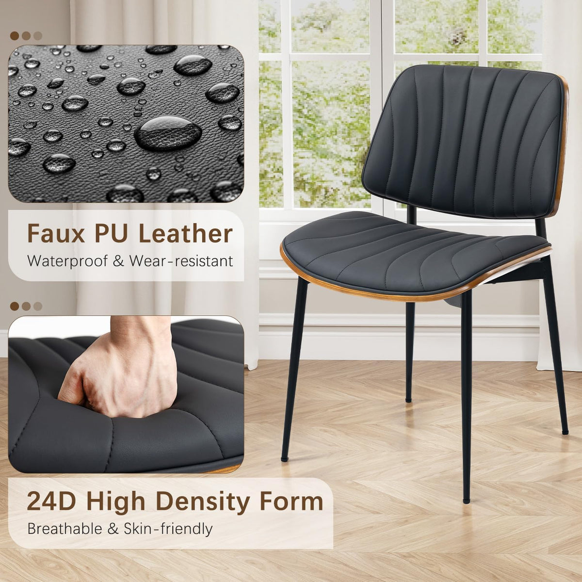 AVAWING Walnut Dining Chairs Set of 6, Mid Century Modern Dining Chairs PU Leather Upholstered Kitchen Chairs with Walnut Bentwood Back & Metal Legs for Dining Room, Kitchen, Living Room, Black