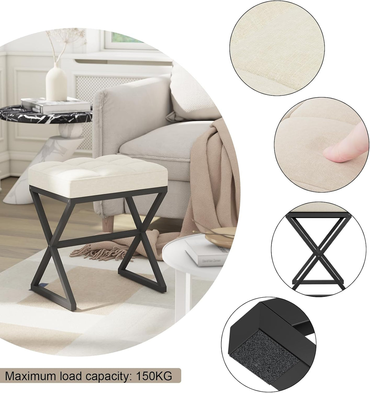 YMYNY Vanity Stool, Linen Footrest Stool, Ottoman Bench with X-Shaped Metal Legs, Makeup Dressing Stool for Vanity, Living Room, Bedroom, Entryway, Hallways 15.74" D×11.81" W×18.11" H Beige UHBD033Y