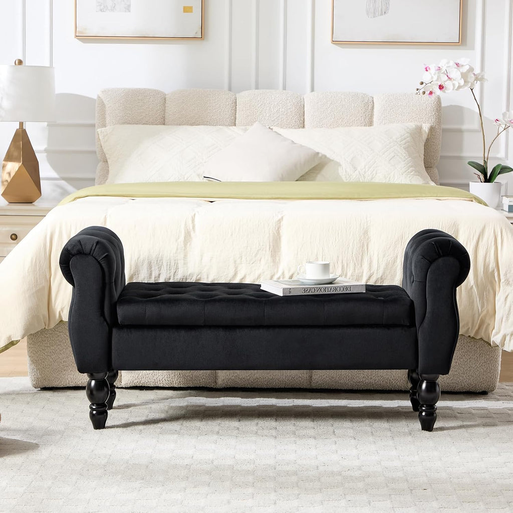 Velvet Upholstered Storage Bench with Arms and Wooden Legs, 47.6" Modern Button Tufted Bench for Bedroom End of Bed, Upholstered Living Room Entryway Sitting Window Benches for Hallway, Black
