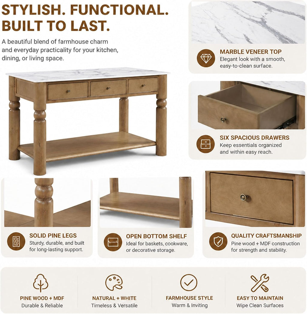 Christopher Knight Home Athen Wooden Kitchen Island with Storage & Marble-Look Tabletop, Island Table for Kitchen, Turned Ball Legs, Storage Cabinet with Drawers + Open Shelf, Walnut + White