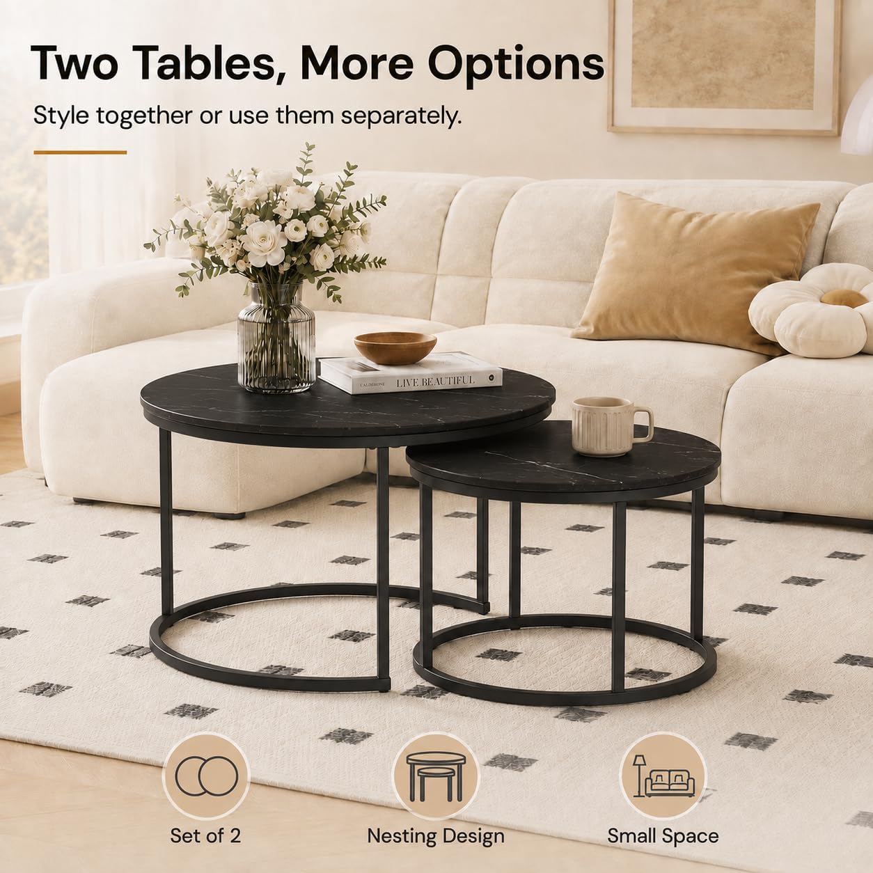 Nesting Coffee Table Set of 2，Black + Black | 27.6'' Industrial Coffee Table Nesting with Metal Frame, Round Coffee Tables for Living Room,Bedroom, Balcony
