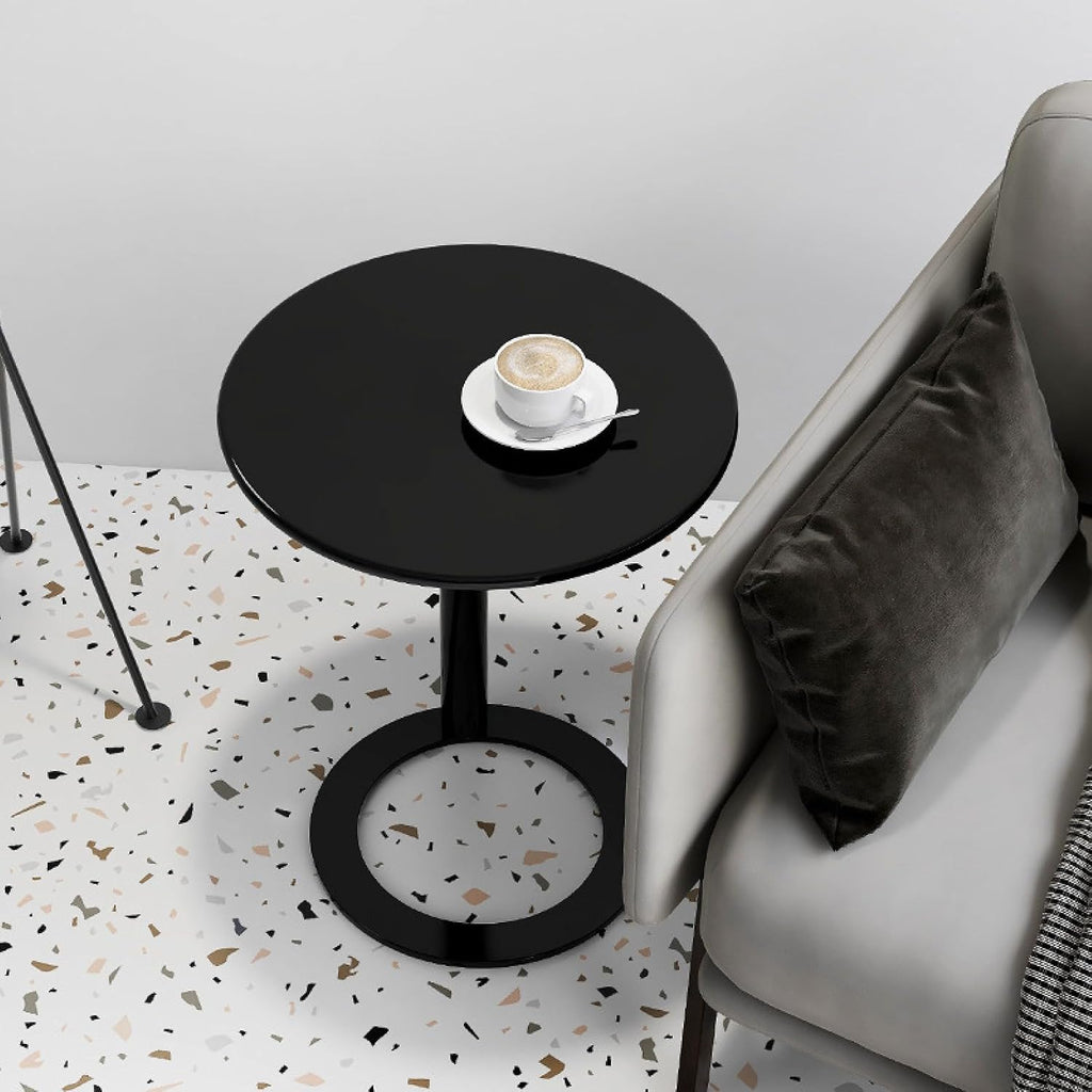 Round Side Table C-Shaped Side Table Sofa Side Table Round Coffee Table Bedside Table with Metal Frame Couch Table Bedside Laptop Office for Bedrooms with Small Spaces(48 * 56cm Black Matte)