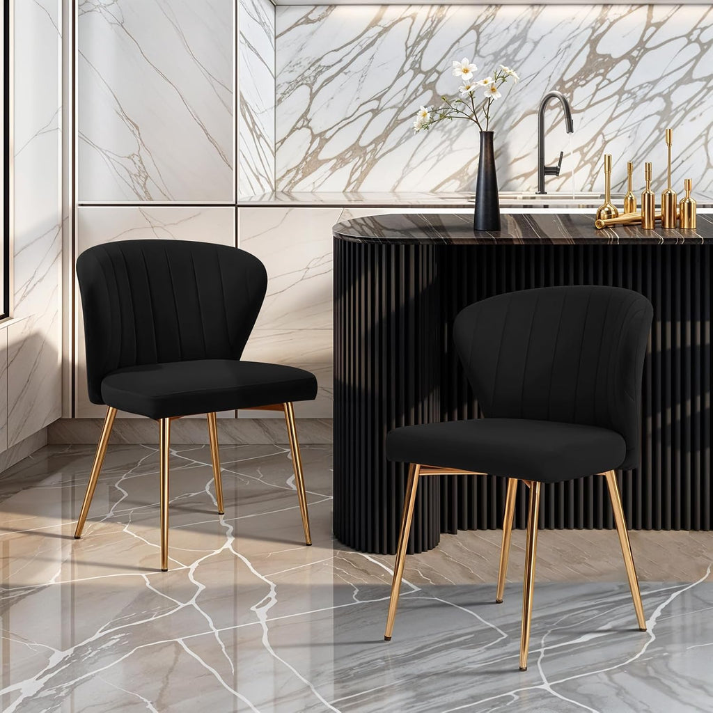 MOJAY Velvet Dining Chairs Set of 2, Modern Upholstered Dining Room Chairs with Gold Metal Legs, Accent Vanity Chairs for Kitchen, Living Room, Patio (Black)
