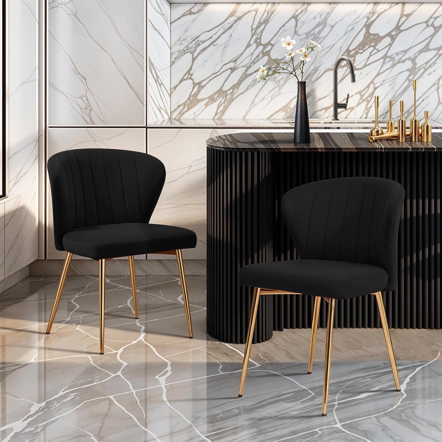 MOJAY Velvet Dining Chairs Set of 2, Modern Upholstered Dining Room Chairs with Gold Metal Legs, Accent Vanity Chairs for Kitchen, Living Room, Patio (Black)