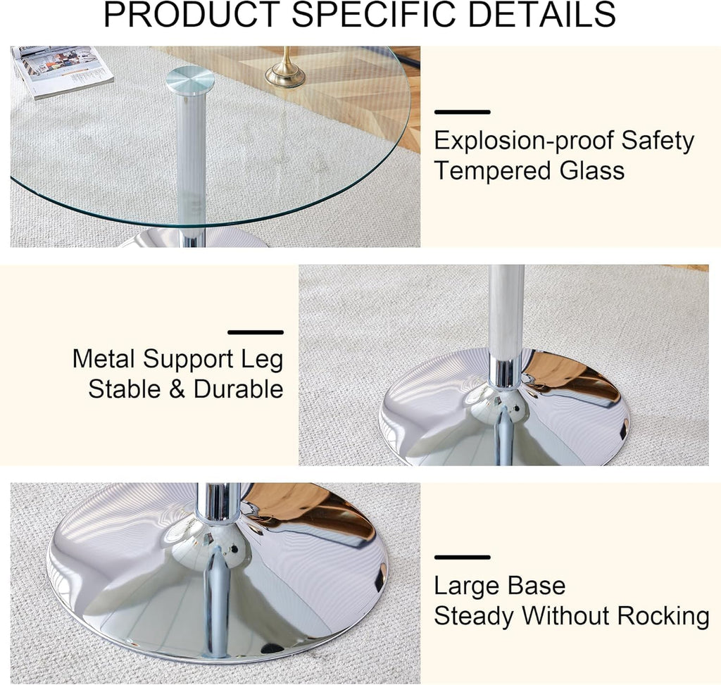 gopop 40" Round Glass Dining Table, Modern Kitchen Table with Tempered Glass Top & Stainless Steel Silver Leg, Clear Dining Room Table for Kitchen Dinner Room.