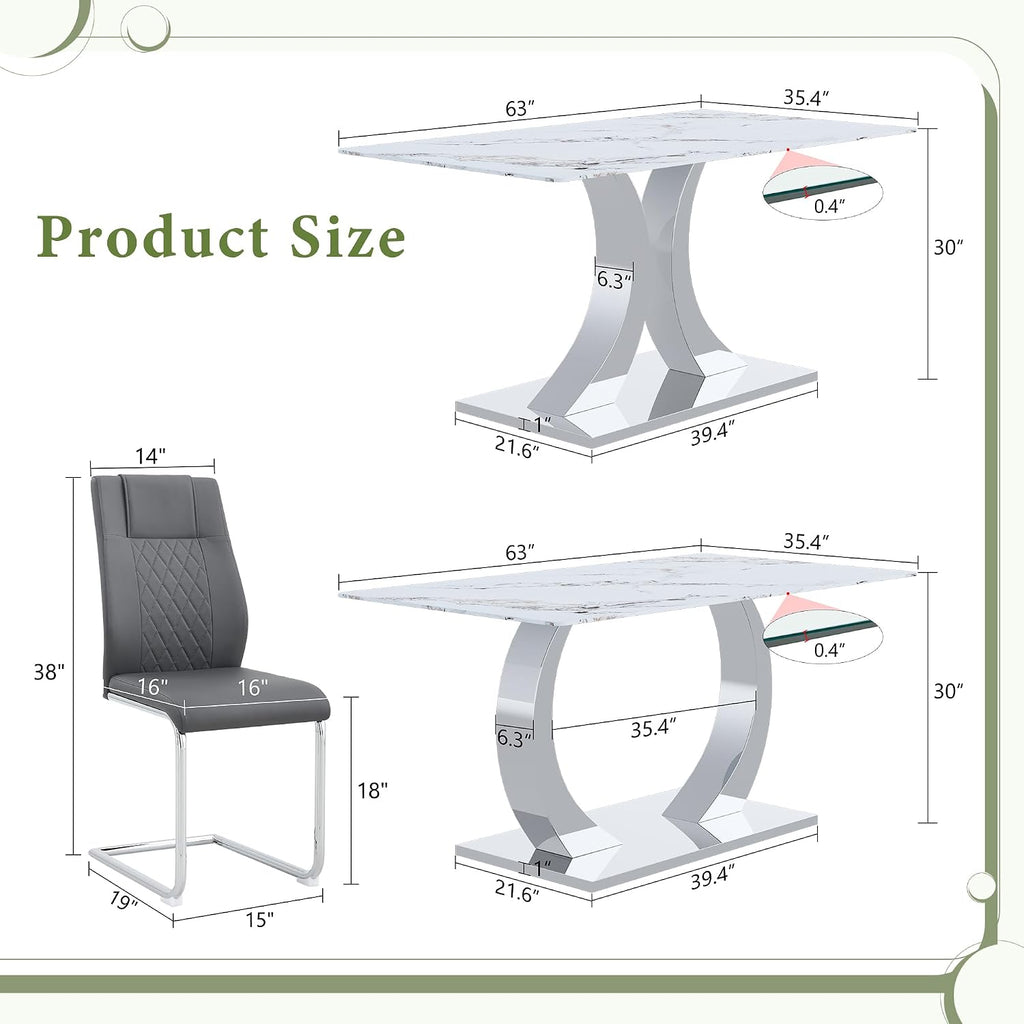 Modern Dining Table Set for 6, 63 Inch White Faux Marble Dining Room Table with Silver Leg, Rectangular Kitchen Table with 6 Grey Chairs for Kitchen Apartment Restaurant