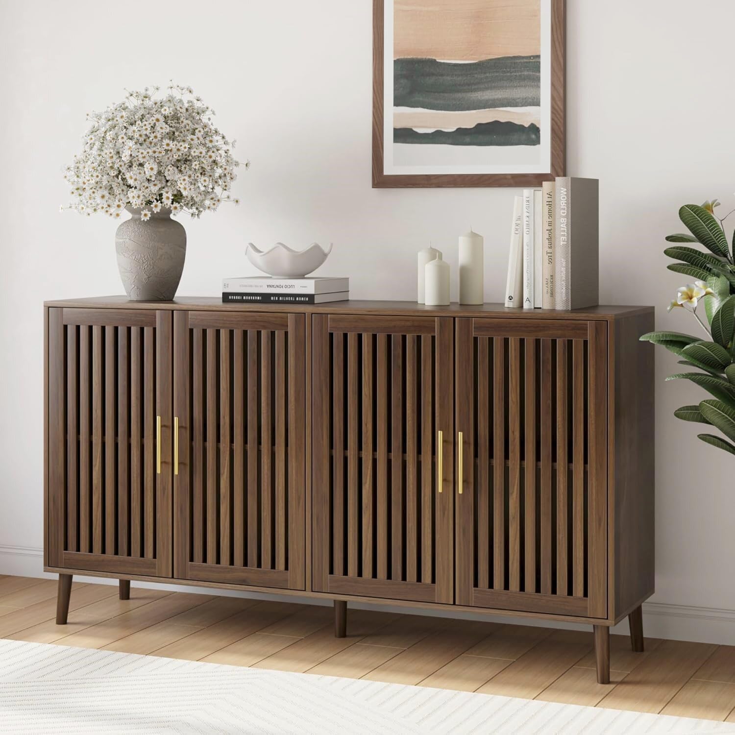 Smart FENDEE 63" Long Sideboard Buffet with 4 Slatted Doors, Farmhouse Buffet Storage Cabinet with Adjustable Shelf, Coffee Bar Cabinet for Entryway, Kitchen, Dining Room, Living Room, Walnut Color