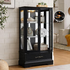 47" Lighted Glass Accent Curio Cabinet, 3-Tier Antique Storage Cage with Adjustable Shelves & Drawer, Acrylic Mirrored Pane, Light Blub Included, Small China Cabinet for Living Room/Kitchen (Black)