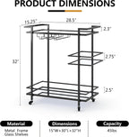 RiteSune Black Bar Carts for The Home, Wine Cart with Wheels | 3 Tier Home Serving Bar Cart Drink Cart with Mirror Shelves for Living Room, Party (28.5" D x 15" W x 32" H)