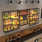 79" Large Metal Wine Rack Wall Mounted, 3 Tier Liquor Shelf & Liquor Rack Wall Mounted with LED Light, Bar Shelf for Liquor Bottles & Glass Holder for Dining Room,Home Bar,Black