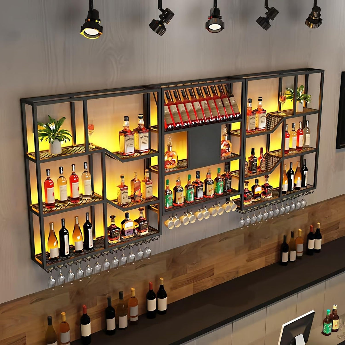 79" Large Metal Wine Rack Wall Mounted, 3 Tier Liquor Shelf & Liquor Rack Wall Mounted with LED Light, Bar Shelf for Liquor Bottles & Glass Holder for Dining Room,Home Bar,Black