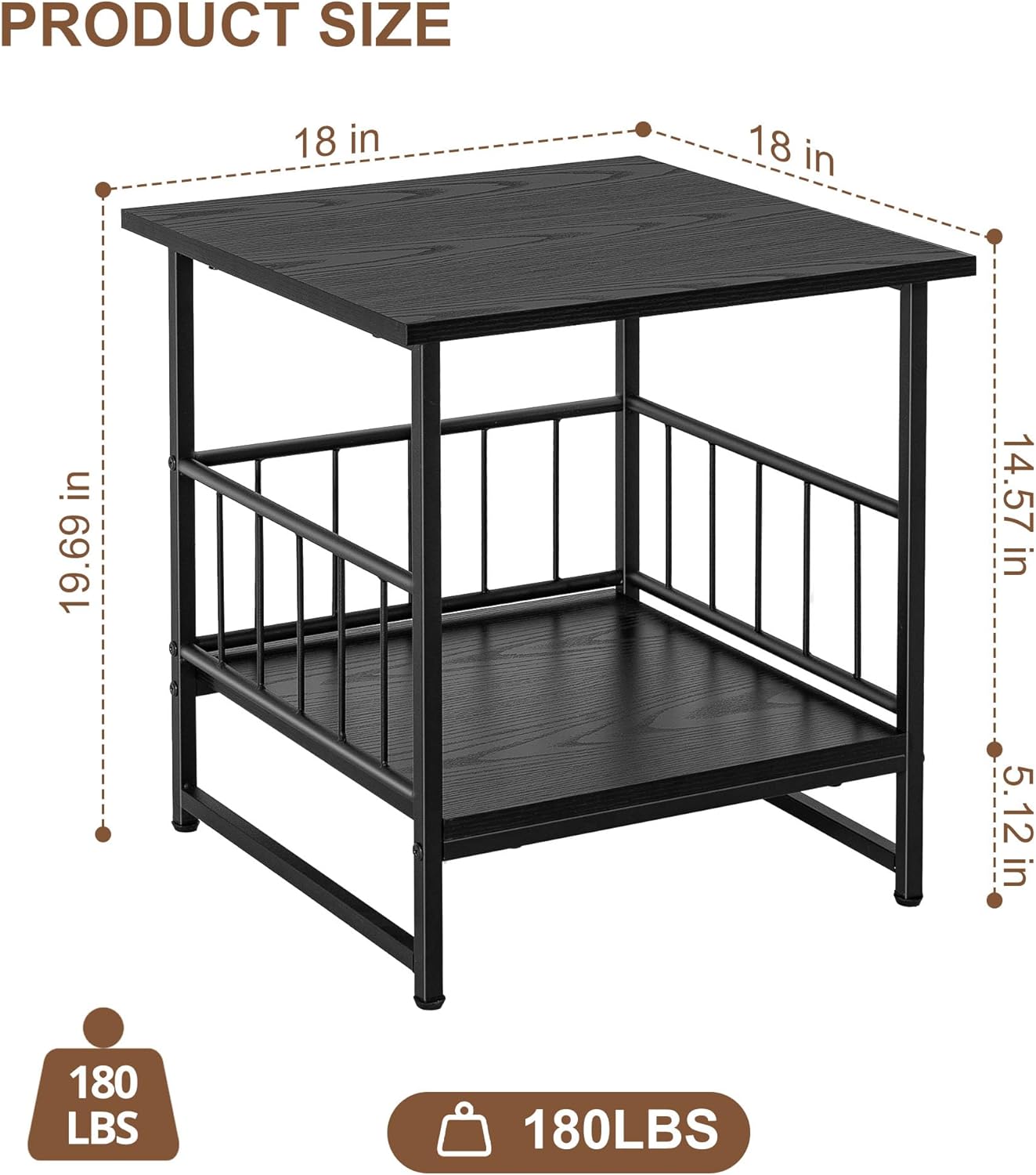 EazeHome 18" Square End Table, Modern Nightstand Side Table, Nightstand with Open Storage Shelf for Living Room, Heavy Duty Stand of Mini Beverage for Dorm, Kitchen Room, Black