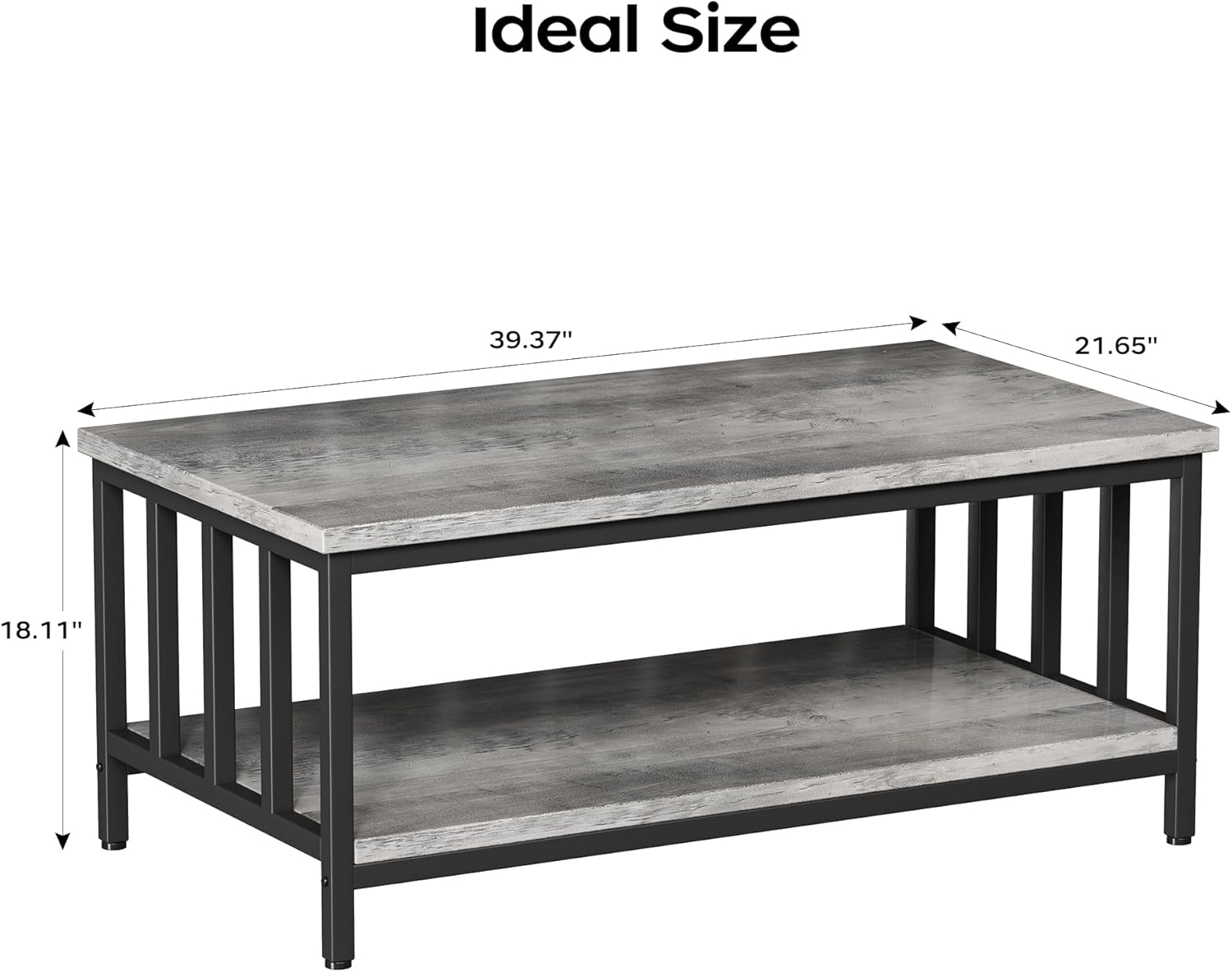 Homeiju Coffee Table for Living Room with Slatted Sides Frame, Modern Farmhouse Living Room Table with 2-Tier Storage Shelf for Home Office, Apartment, Grey Wash, 39 inch