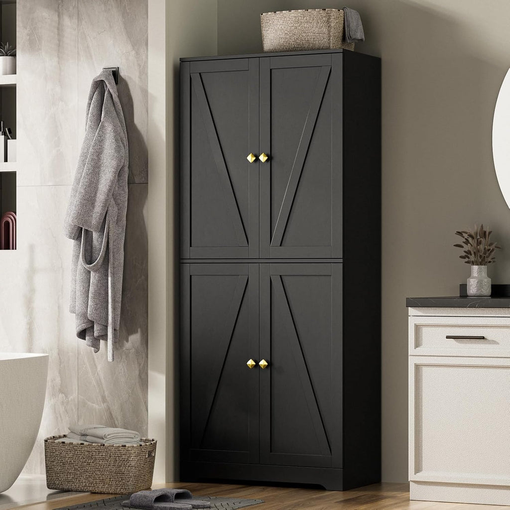 LYNSOM Kitchen Pantry Storage Cabinet 72“ Tall, Farmhouse Pantry Cabinet with Barn Doors and Adjustable Shelves, Black Storage Cabinets for Kitchen, Dining Room