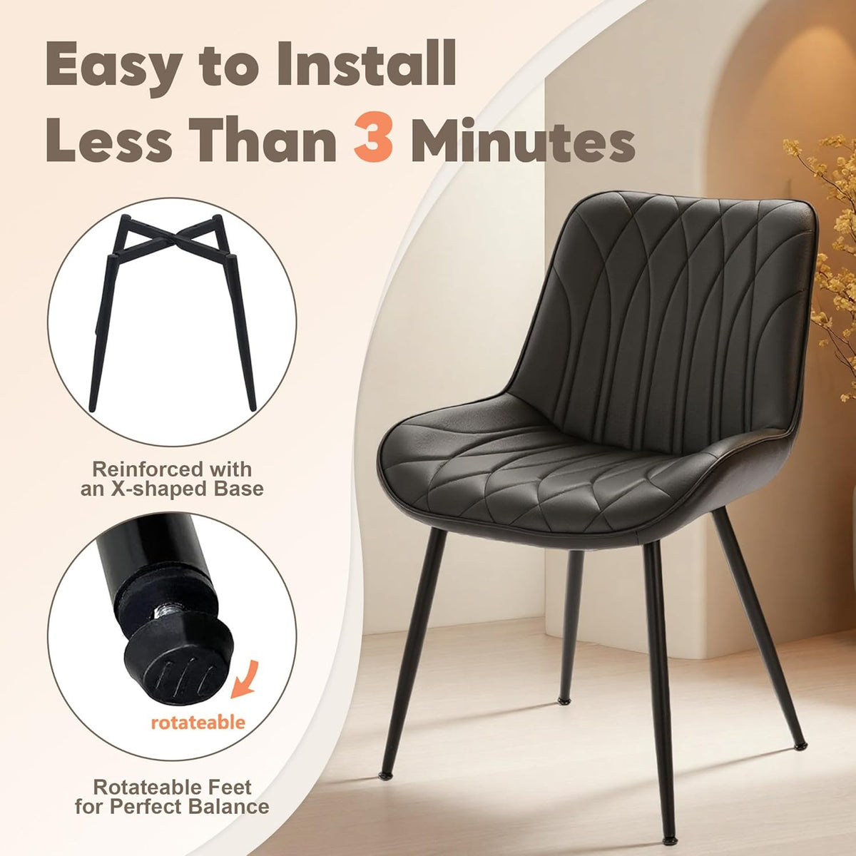 GarveeHome Dining Chairs Set of 6, Modern Dining Room Chairs with Thick Cushions, Upholstered Faux Leather Cushion Seat and Sturdy Metal Legs, Kitchen Side Armless Chair Black